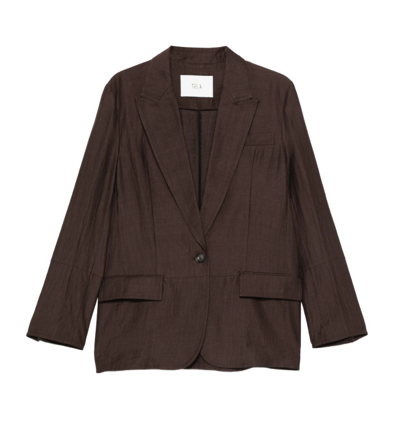 Brown single-breasted blazer by Tela, made in Italy with textured finish, classic lapel and refined tailoring for versatile styling.