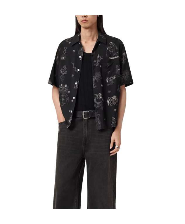AllSaints TERRA Oversized Linen Blend Shirt in jet black with graphic print, chest pocket, and relaxed oversized fit.