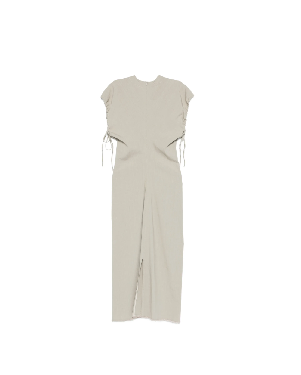 Grey V-neck midi dress by Tela, made in Italy with drawstring waist, back zipper, and subtle slit for elegant, versatile styling.