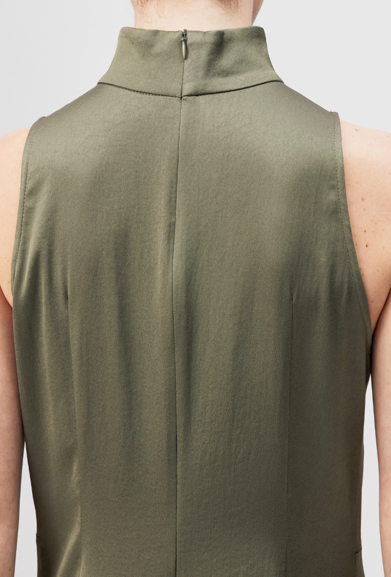 Dusty olive AMABEL sleeveless maxi dress by Drykorn in eco-friendly satin with stand collar, waist pleats, and flared skirt for elegant style.