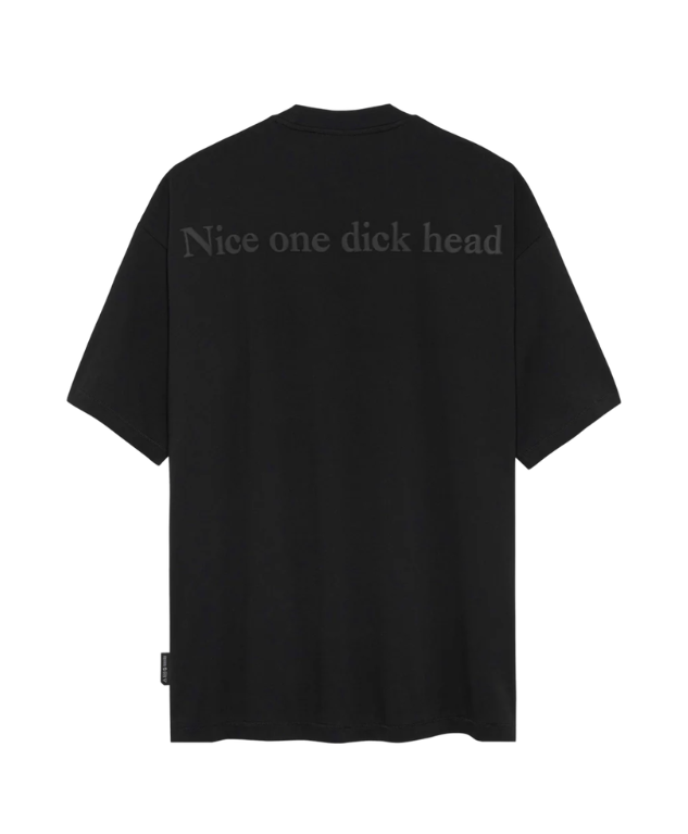 HOPEIUM men’s “NICE ONE DICKHEAD” T-shirt in black with oversized fit and bold 3D back print.