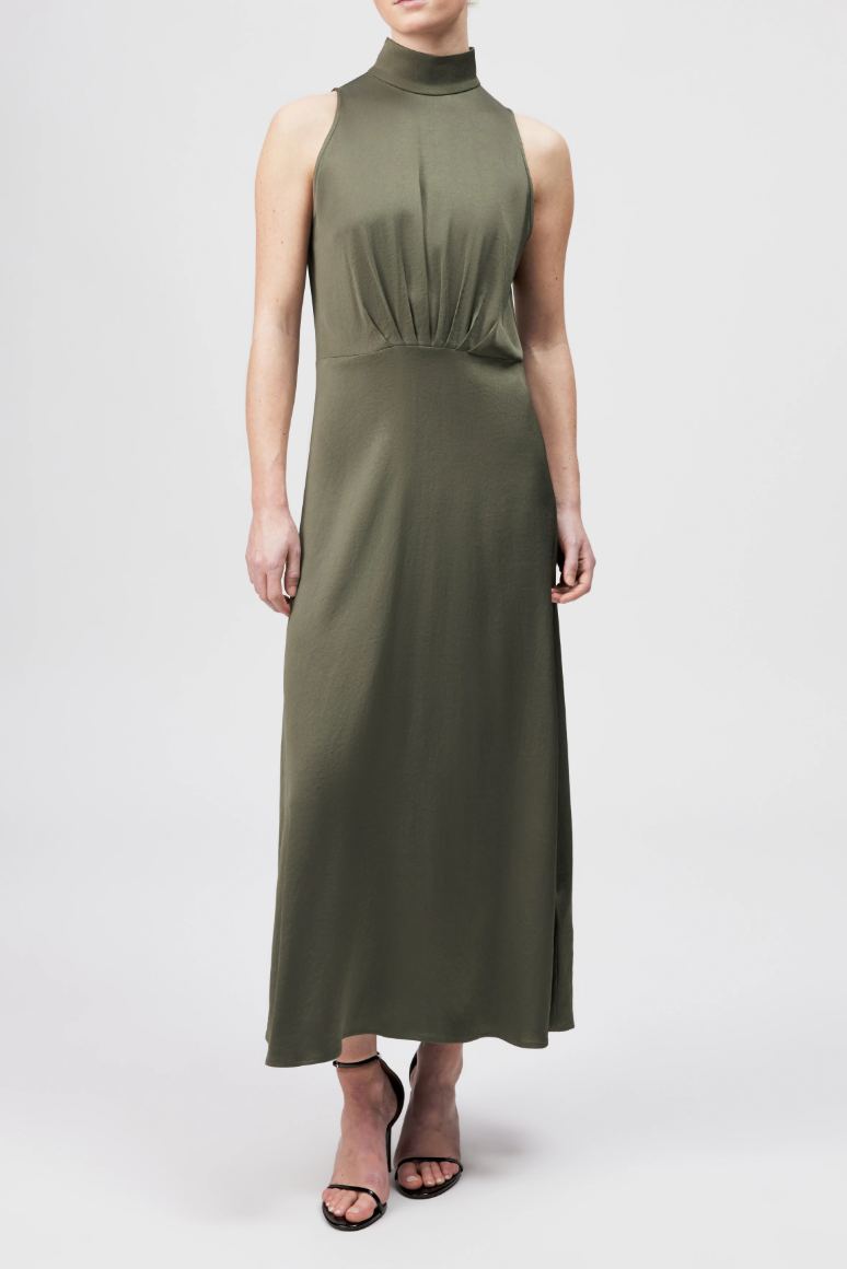 Dusty olive AMABEL sleeveless maxi dress by Drykorn in eco-friendly satin with stand collar, waist pleats, and flared skirt for elegant style.