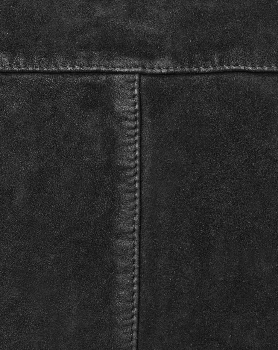 AllSaints KEMBLE Suede Bomber Jacket in black with zip closure, ribbed trims, chest pocket, and recycled lining.