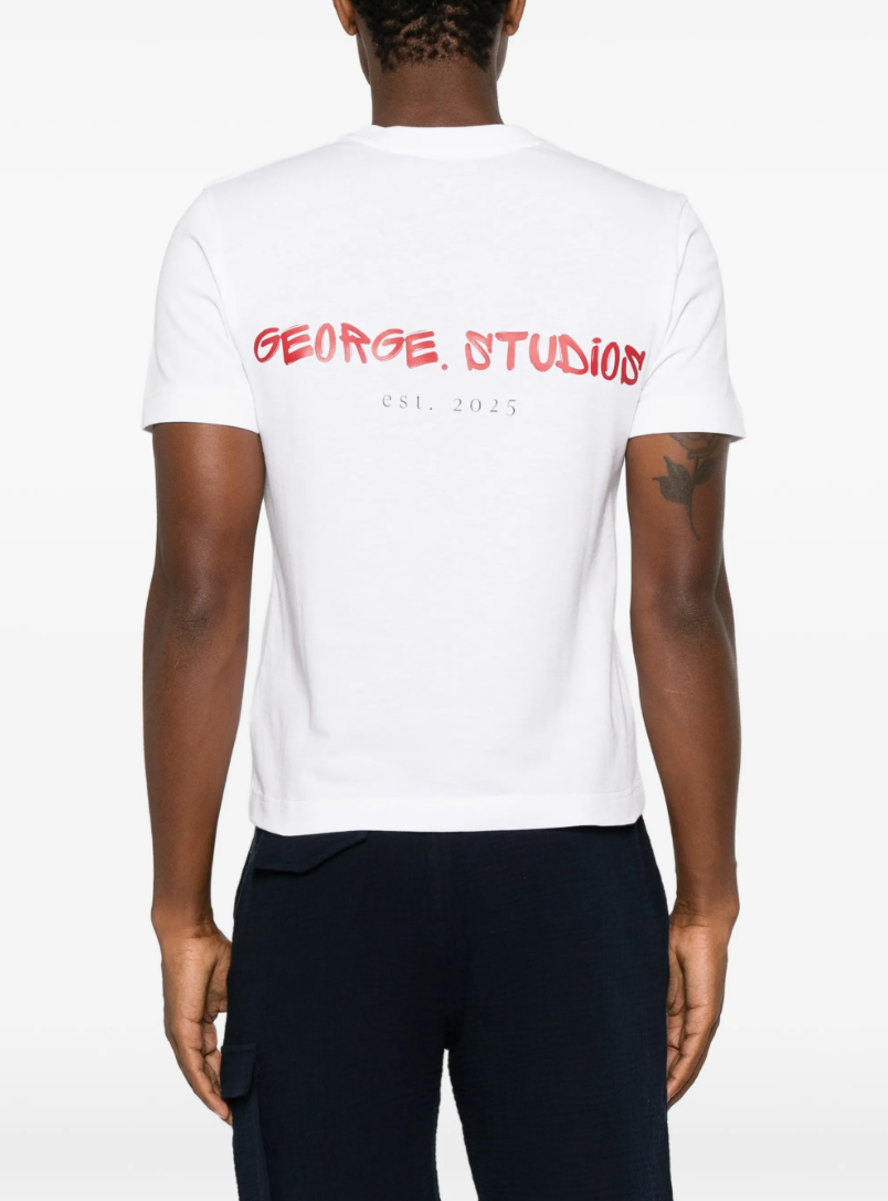 GEORGE. STUDIOS ESCAPE Slim-Fit T-Shirt in White with red “everyday mood: daydrinking in the sun.” print.