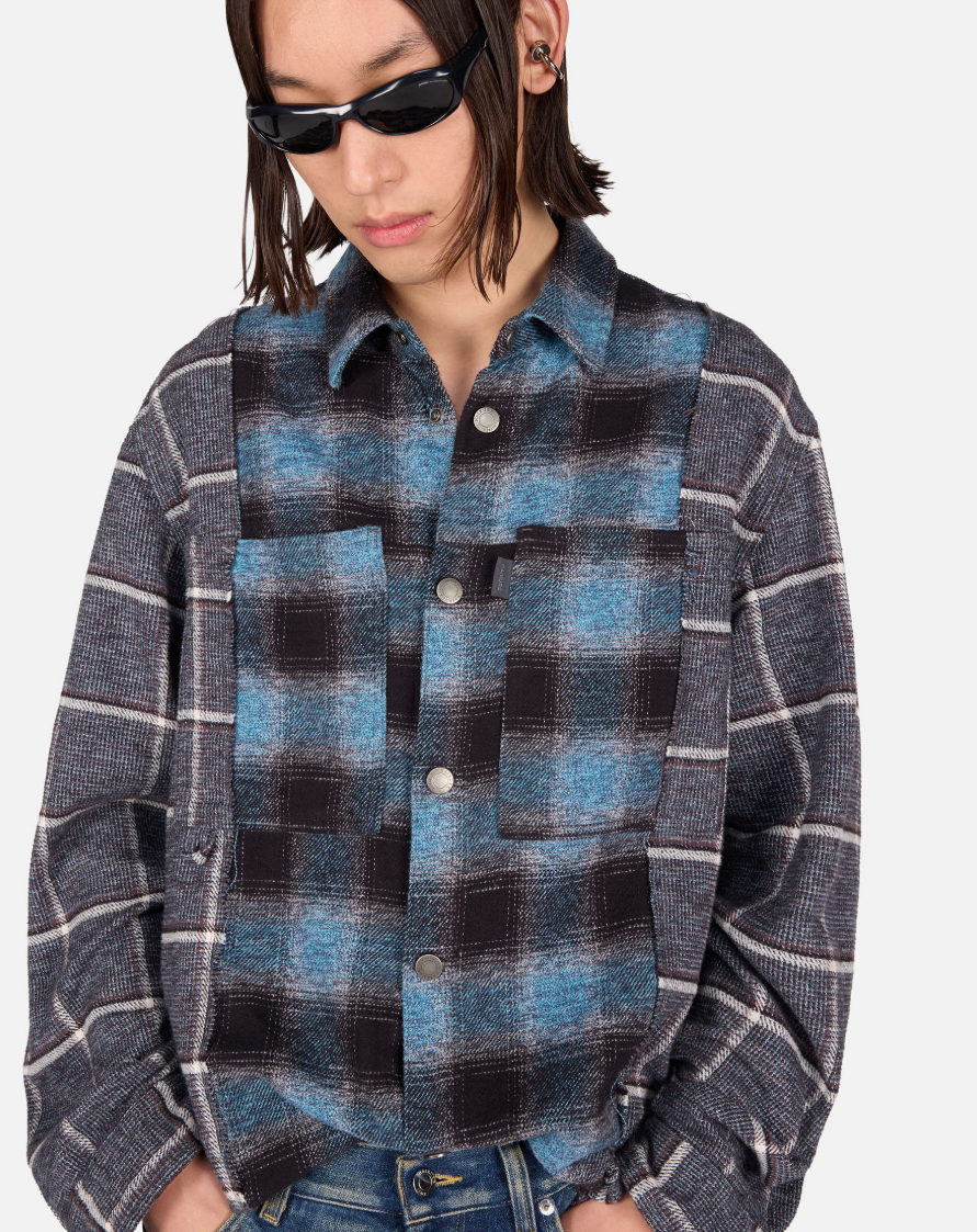 Haikure ARNO Double Check Shirt for men in Black and Blue, crafted from cotton with contrasting checks and a relaxed fit. Made in Italy.