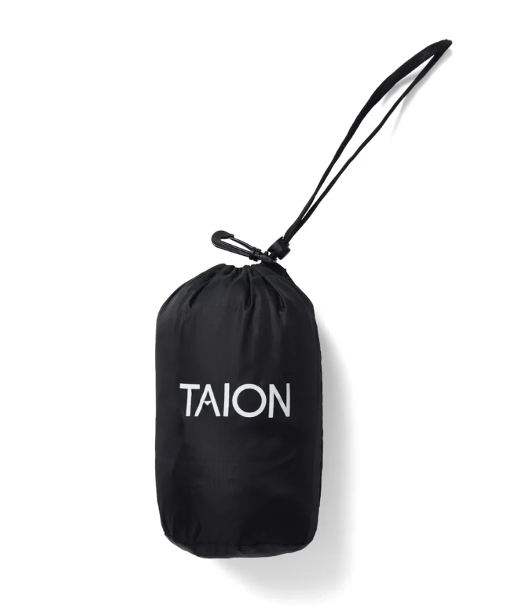 TAION Basic Hood Down Jacket in black with W-zip front and included storage bag.