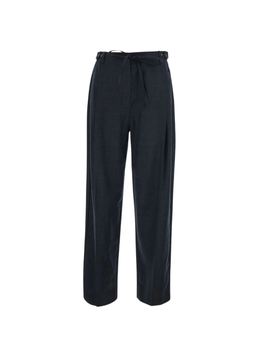 TELA Pleated Wool Trousers in Grigio, made in Italy from 100% wool with front pleats, a self-tie belt and elasticated back waistband.