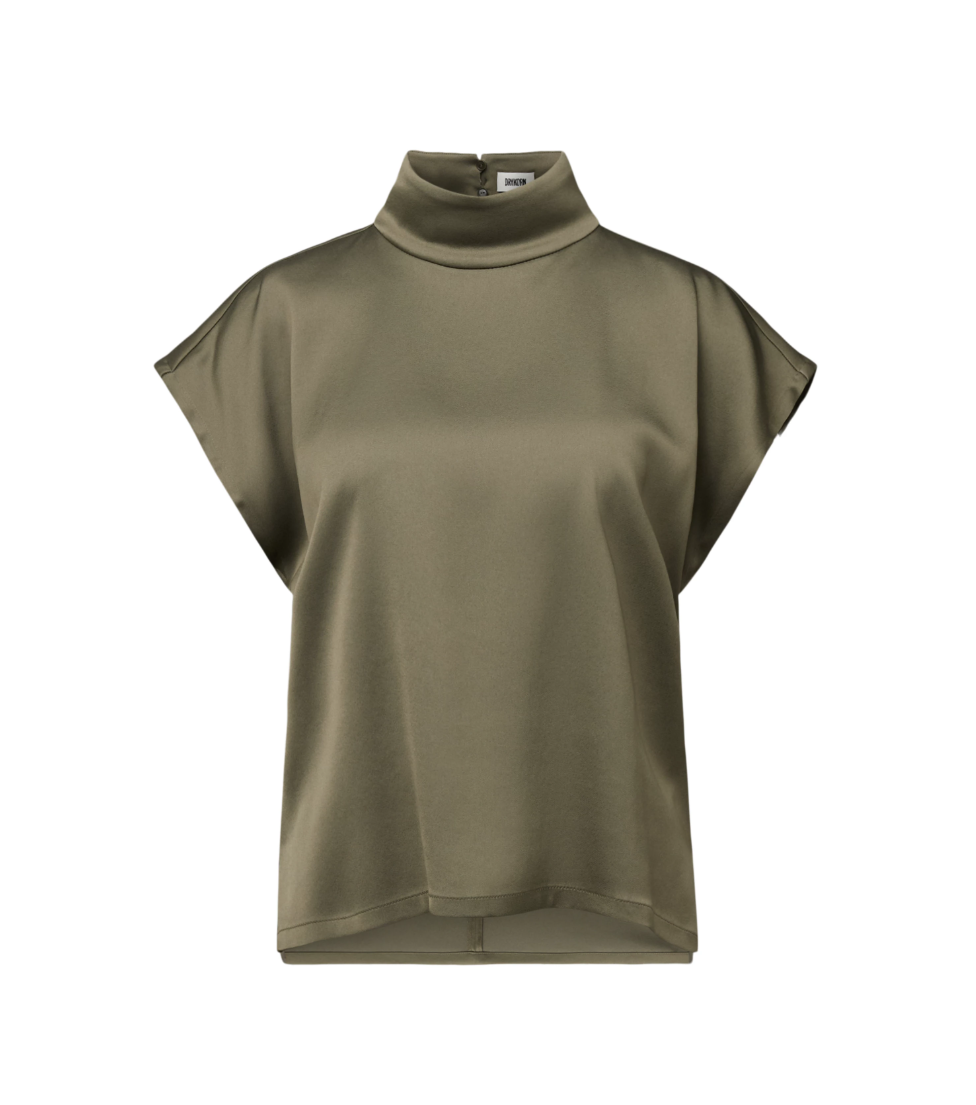 Dusty olive ALARIA_1 blouse by Drykorn in relaxed fit with stand collar, short sleeves, and eco-friendly satin for elegant everyday style.
