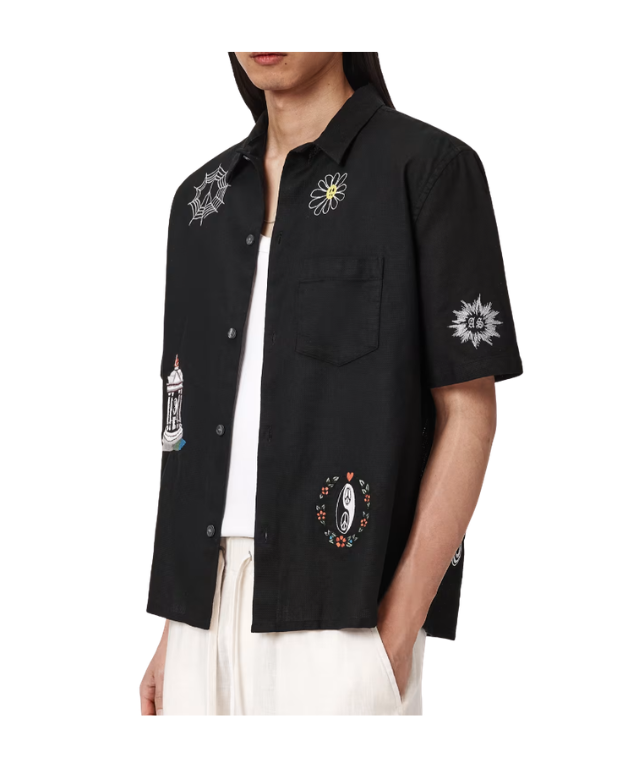 AllSaints KARLTON Embroidered Boxy Shirt in jet black with resort collar, chest pocket, and relaxed boxy fit.