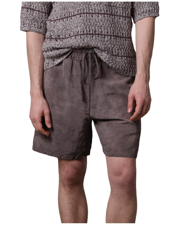 Roberto Collina hand treated bermuda in brown with drawstring waist, side pockets, and viscose-linen blend.