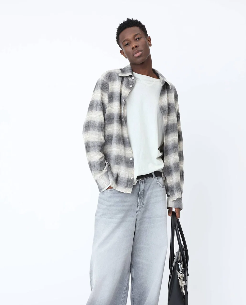 Won Hundred Pete Check Shirt for men in Black Comb., crafted from a lightweight cotton blend with a faded black and white check.