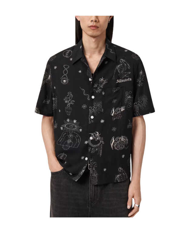 AllSaints TERRA Oversized Linen Blend Shirt in jet black with graphic print, chest pocket, and relaxed oversized fit.