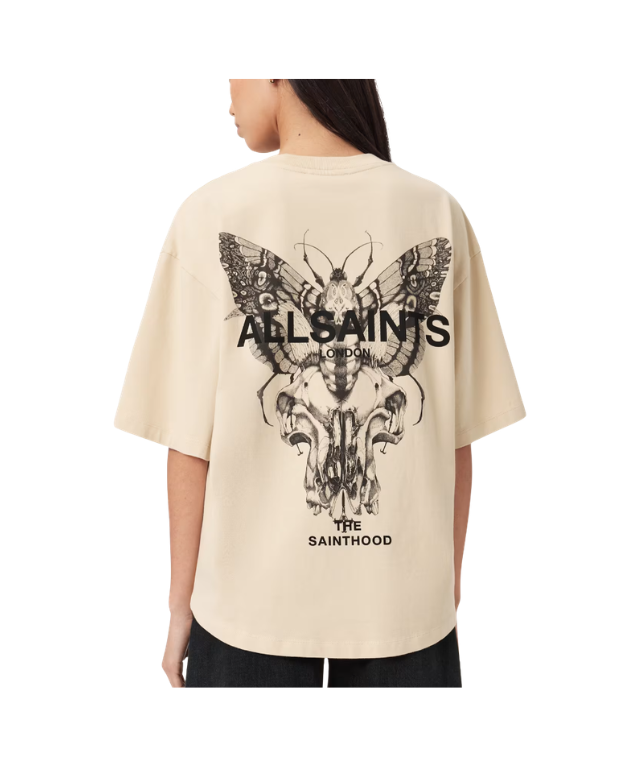 AllSaints HALIS Amelie oversized T-shirt in sandy white with front logo artwork and large Halis back print.