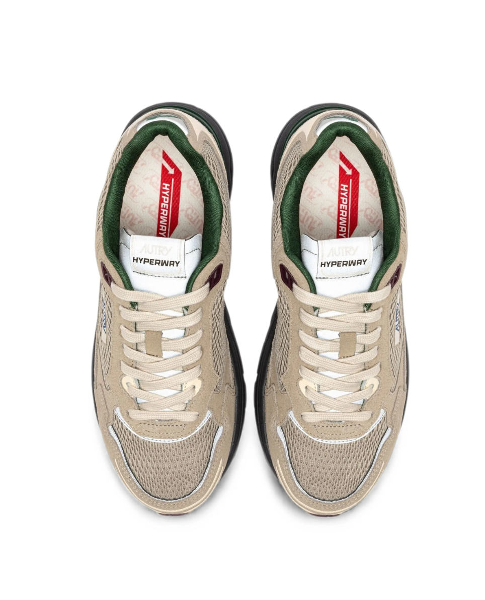 Autry Hyperway sneakers for men in beige with mesh panels, logo patch, and lace-up fastening.