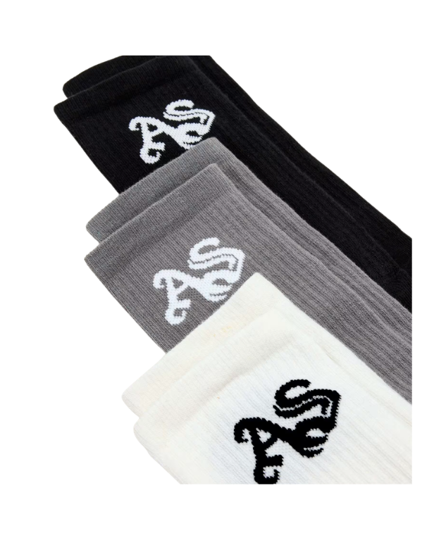 AllSaints Gothic 3 Pack Socks in jet black, white, and metal grey with signature jacquard logo and cotton stretch blend.
