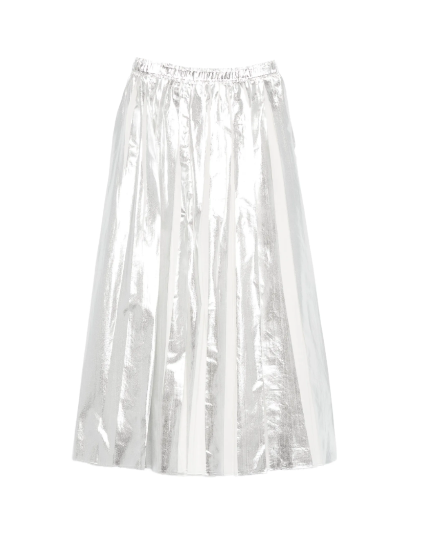 Silver pleated maxi skirt by Tela, made in Italy with elastic waistband for flowing movement and modern elegance.