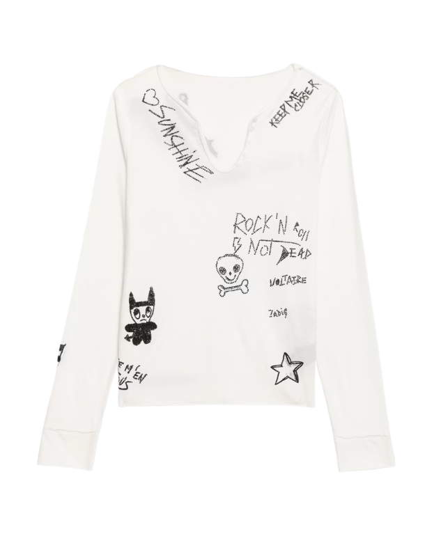 Zadig&Voltaire Happy Henley shirt for women in Judo with graphic prints, crystal embellishments, and cotton.