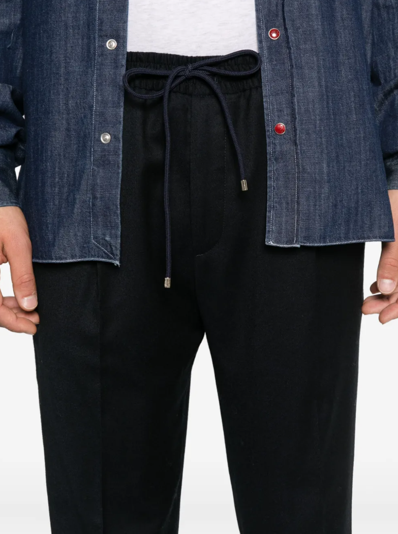 Briglia 1949 Wimbledon Tapered Trousers for men in Black, crafted from virgin wool with pressed creases and a drawstring waistband.