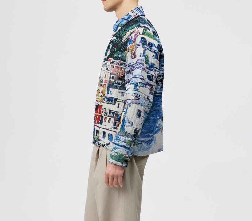 Drykorn JOTTAR jacquard jacket in bluestone with coastal-inspired pattern, regular fit, and zip closure.