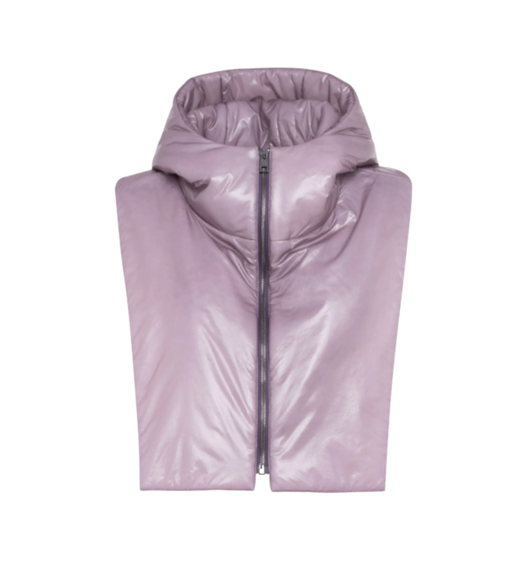 TELA Padded Hooded Scarf in Purple, featuring a quilted design, stand collar, front zip closure and silver-tone hardware.