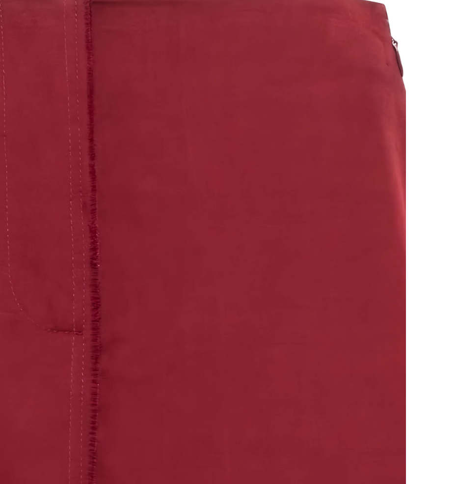 TELA Wool-Blend Satin Midi Skirt in Cherry Red, featuring soft pleats, fluid movement and distinctive contrast stitching.