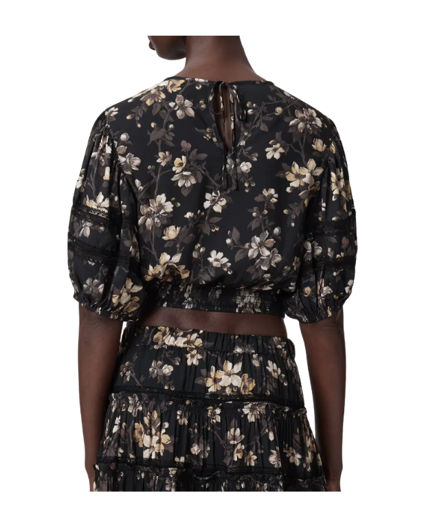 AllSaints PEONY Lace Trim Cropped Top in vine black with tie-neck closure, round neck, half sleeves, and delicate lace inserts.