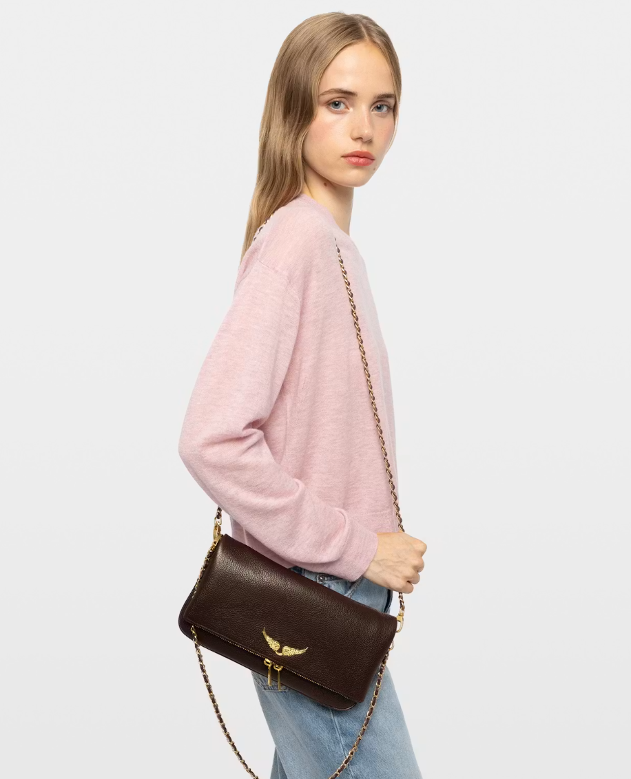 Zadig&Voltaire Rock clutch in Brownie grained leather with crystal wings and removable chain straps.