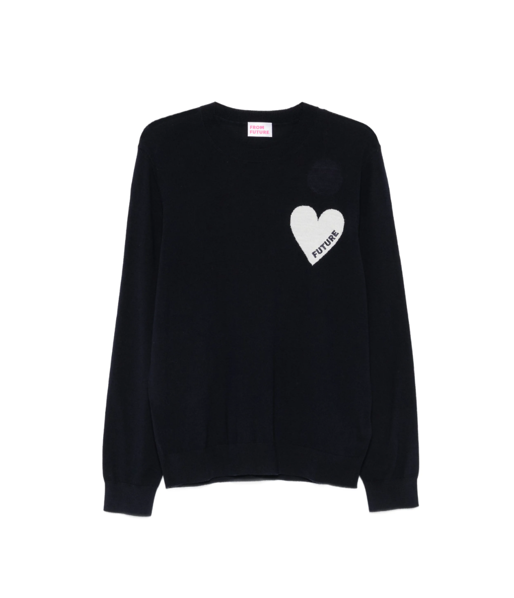 From Future Men’s Cashmere Heart Graphic Sweater in navy blue with “FUTURE” heart embroidery on chest