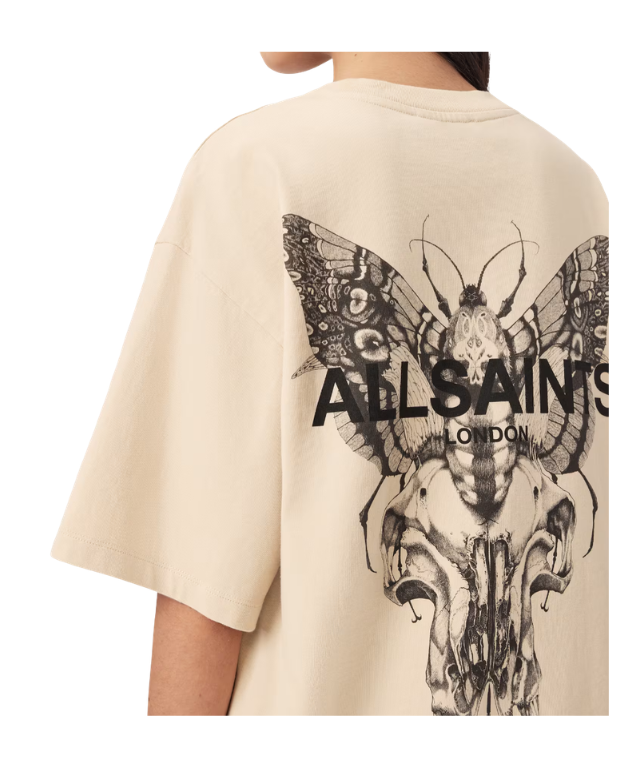 AllSaints HALIS Amelie oversized T-shirt in sandy white with front logo artwork and large Halis back print.