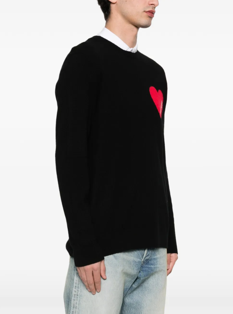 FROM FUTURE men's Heart Cashmere Sweater in Black, crafted from 100% pure cashmere with a distinctive heart motif and ribbed trims.