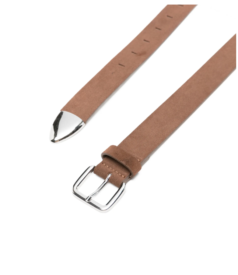 Brown D. Rock suede belt by Tela with silver-tone buckle, made in Italy from 100% calf suede, includes protective dust bag.