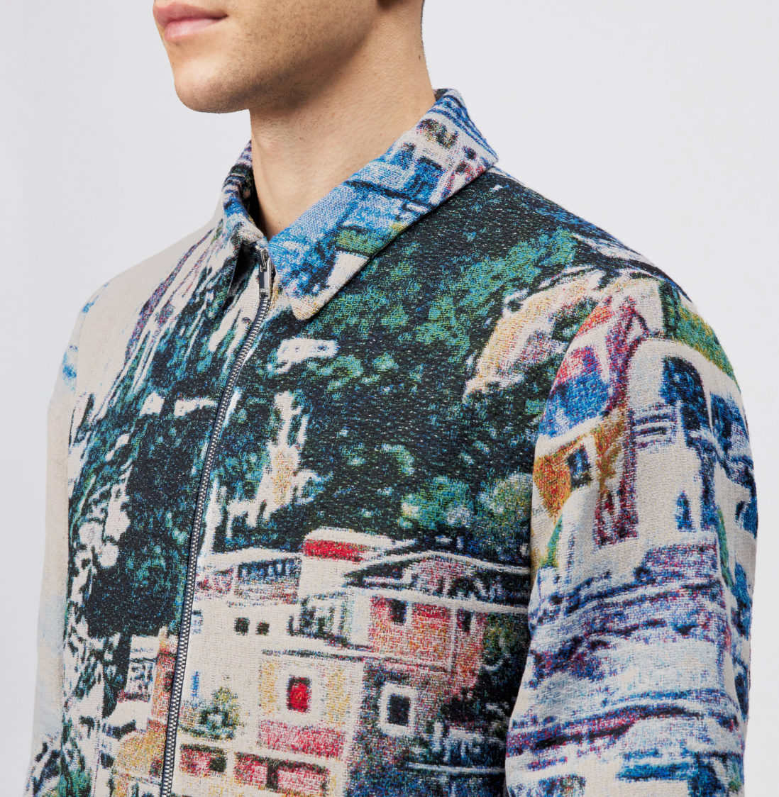 Drykorn JOTTAR jacquard jacket in bluestone with coastal-inspired pattern, regular fit, and zip closure.