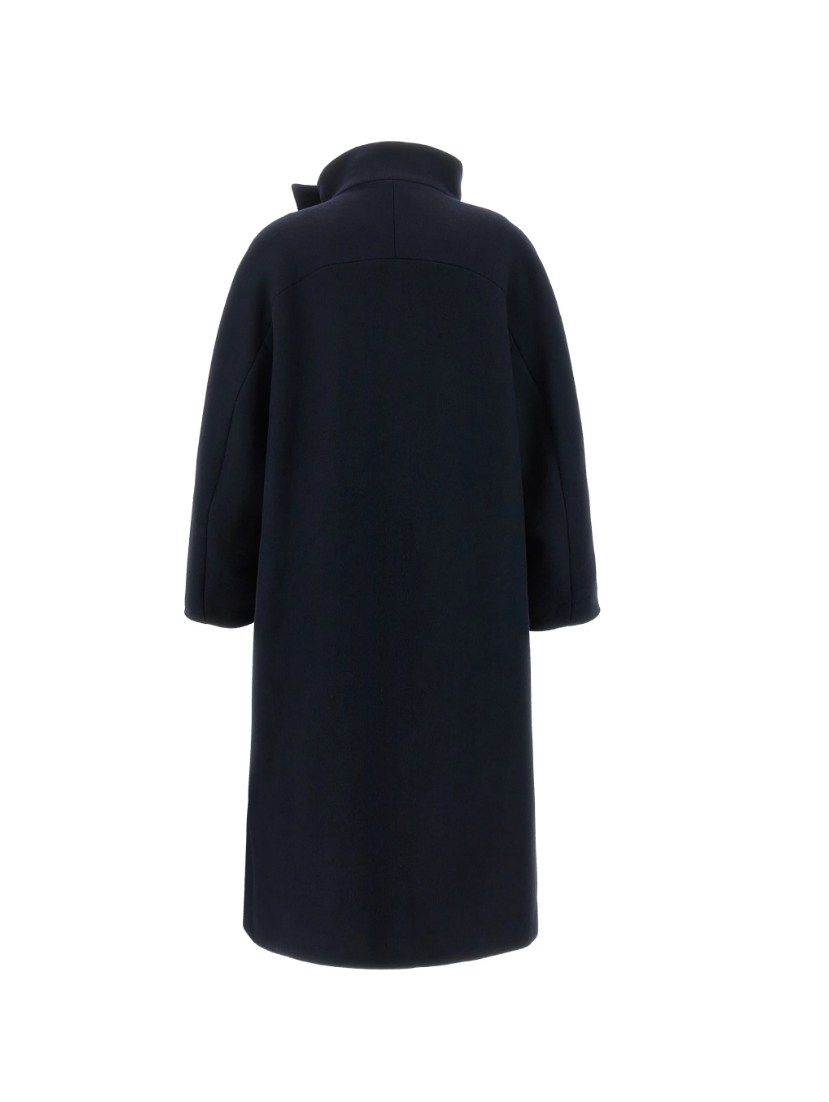 TELA SCOTT Coat in Blue, made in Italy with an oversized cocoon silhouette, asymmetric stand collar, dropped shoulders and button closure.