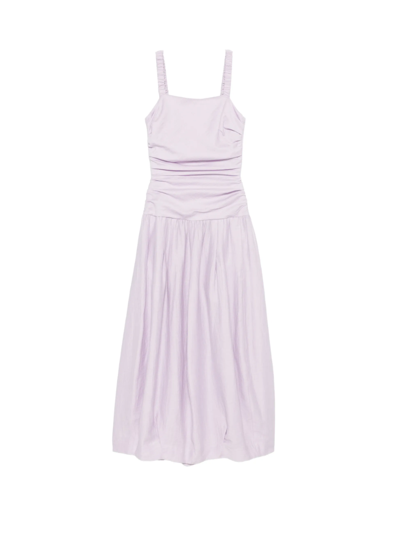 Tela ruched maxi dress in lilac with tie-back detail, square neckline, and linen-viscose fabric.