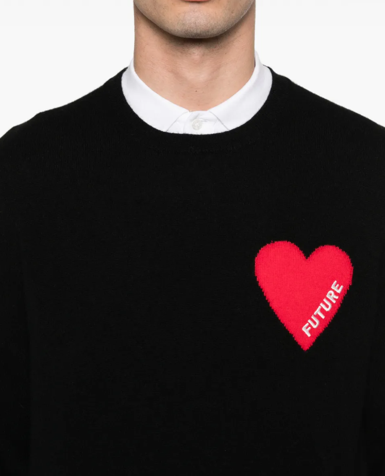 FROM FUTURE men's Heart Cashmere Sweater in Black, crafted from 100% pure cashmere with a distinctive heart motif and ribbed trims.