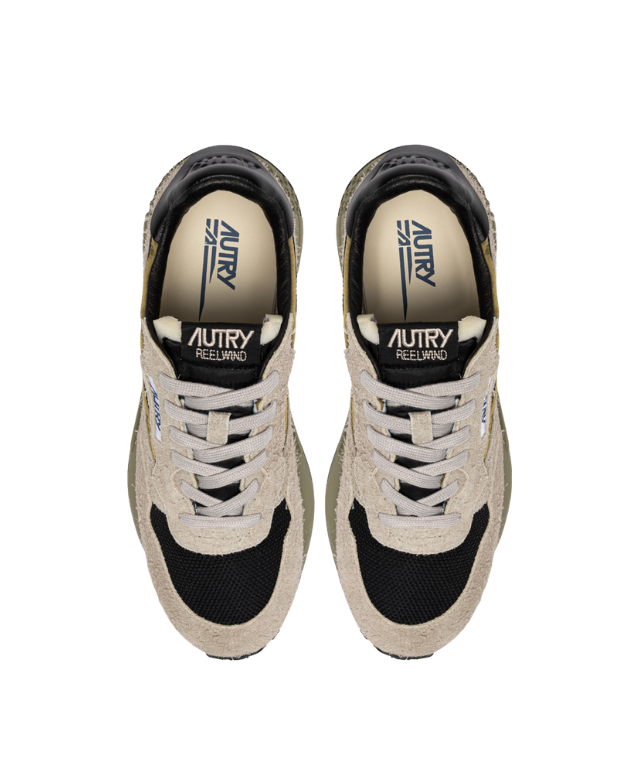 Autry Reelwind Low sneakers for men in Spiaggia, Black & Dried Herb with nylon, suede, and running sole.
