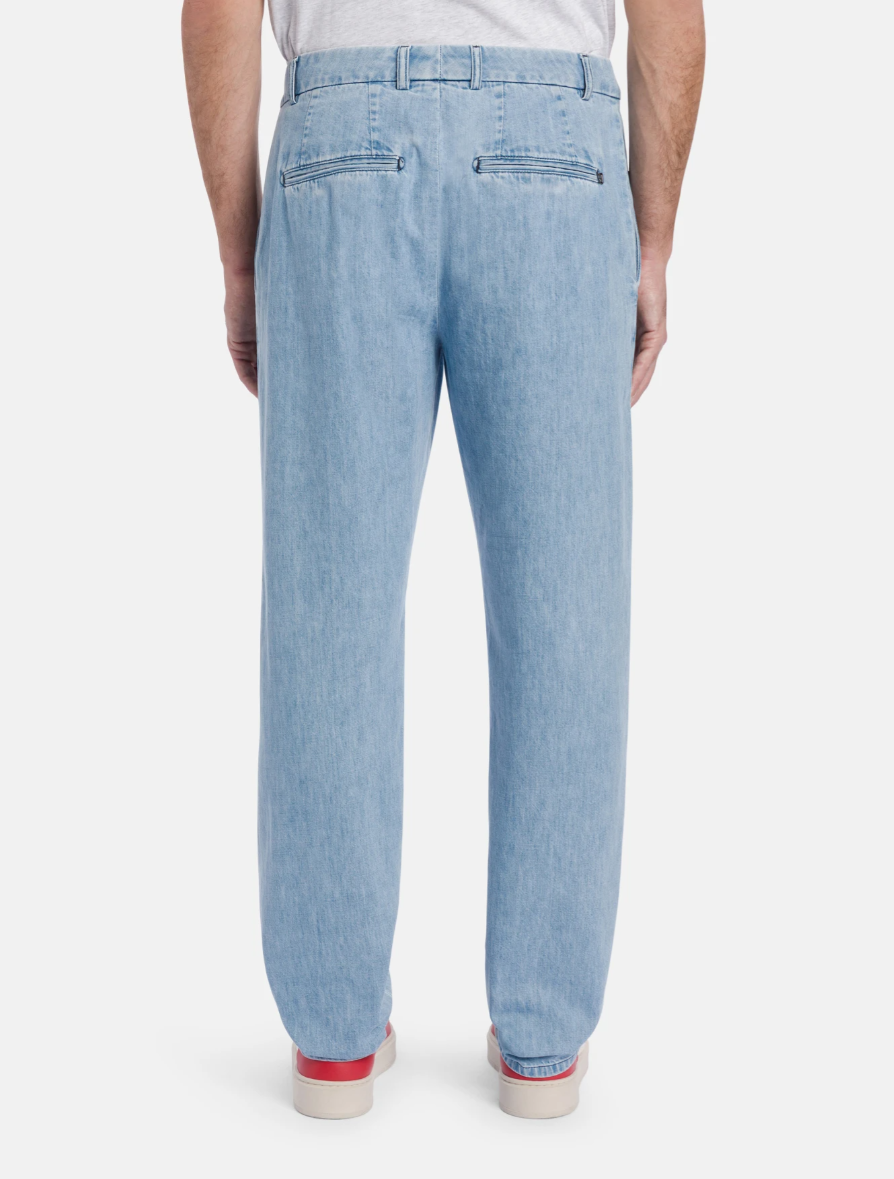 Dondup James loose-fit trousers in blue rigid denim with chino style and welt pockets.