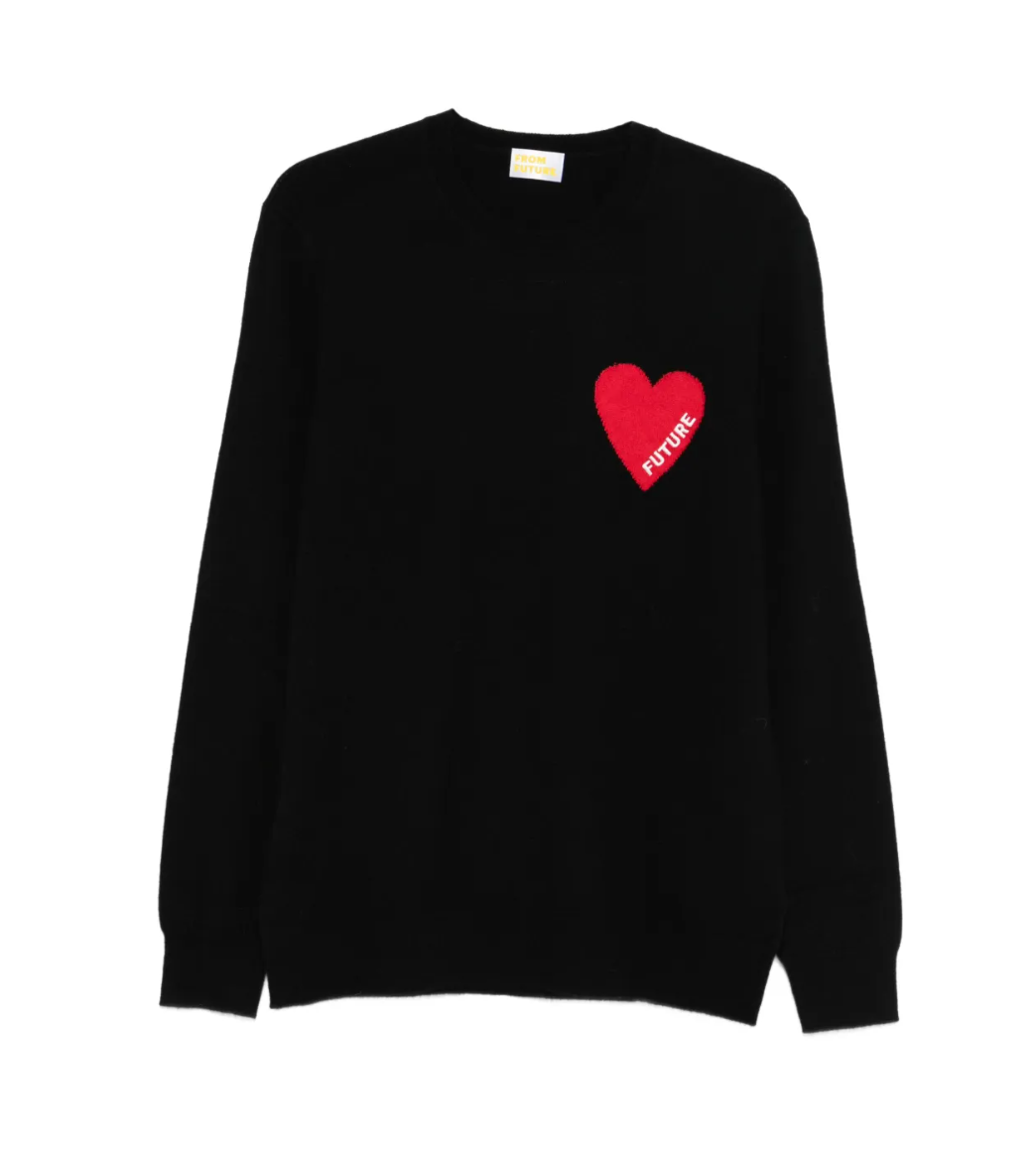 FROM FUTURE men's Heart Cashmere Sweater in Black, crafted from 100% pure cashmere with a distinctive heart motif and ribbed trims.