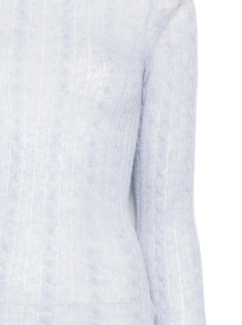 HAIKURE SEY Cable-Knit Sweater in Light Blue featuring a semi-sheer finish, intricate cable-knit texture and classic crew neckline.