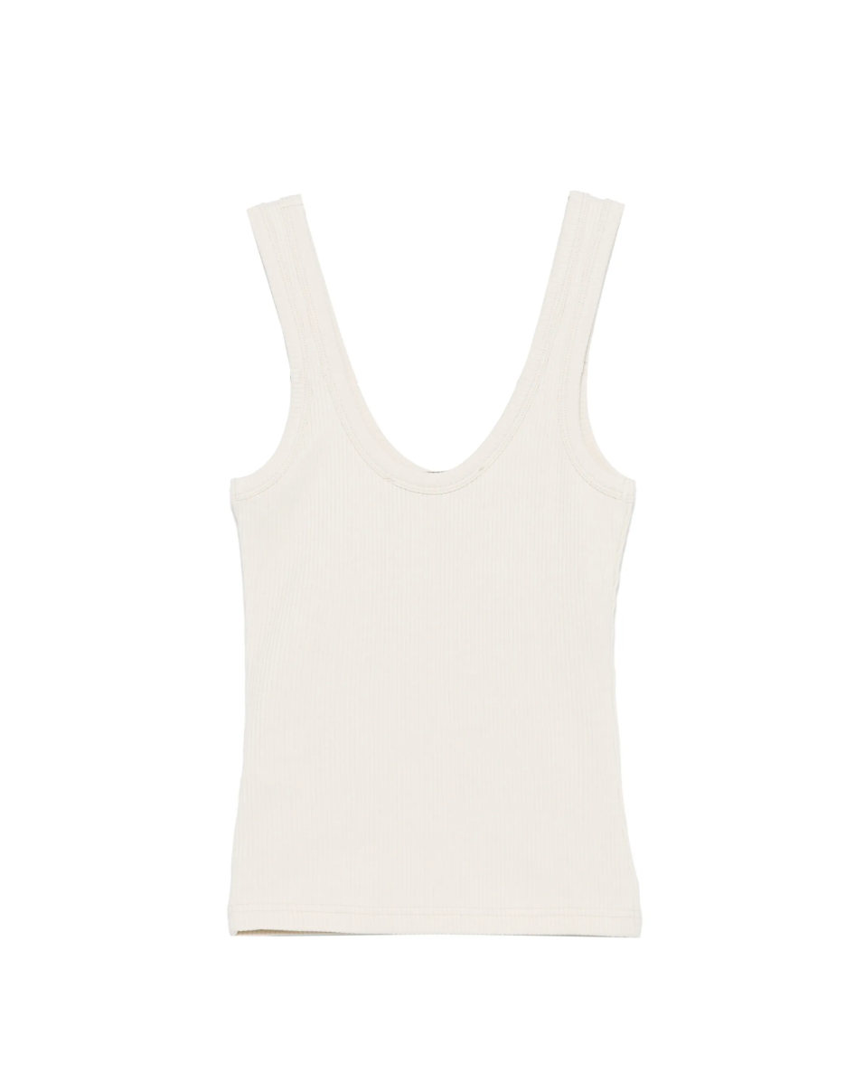 Tela D. Sofia ribbed tank top in beige with scoop neck and sleeveless design.