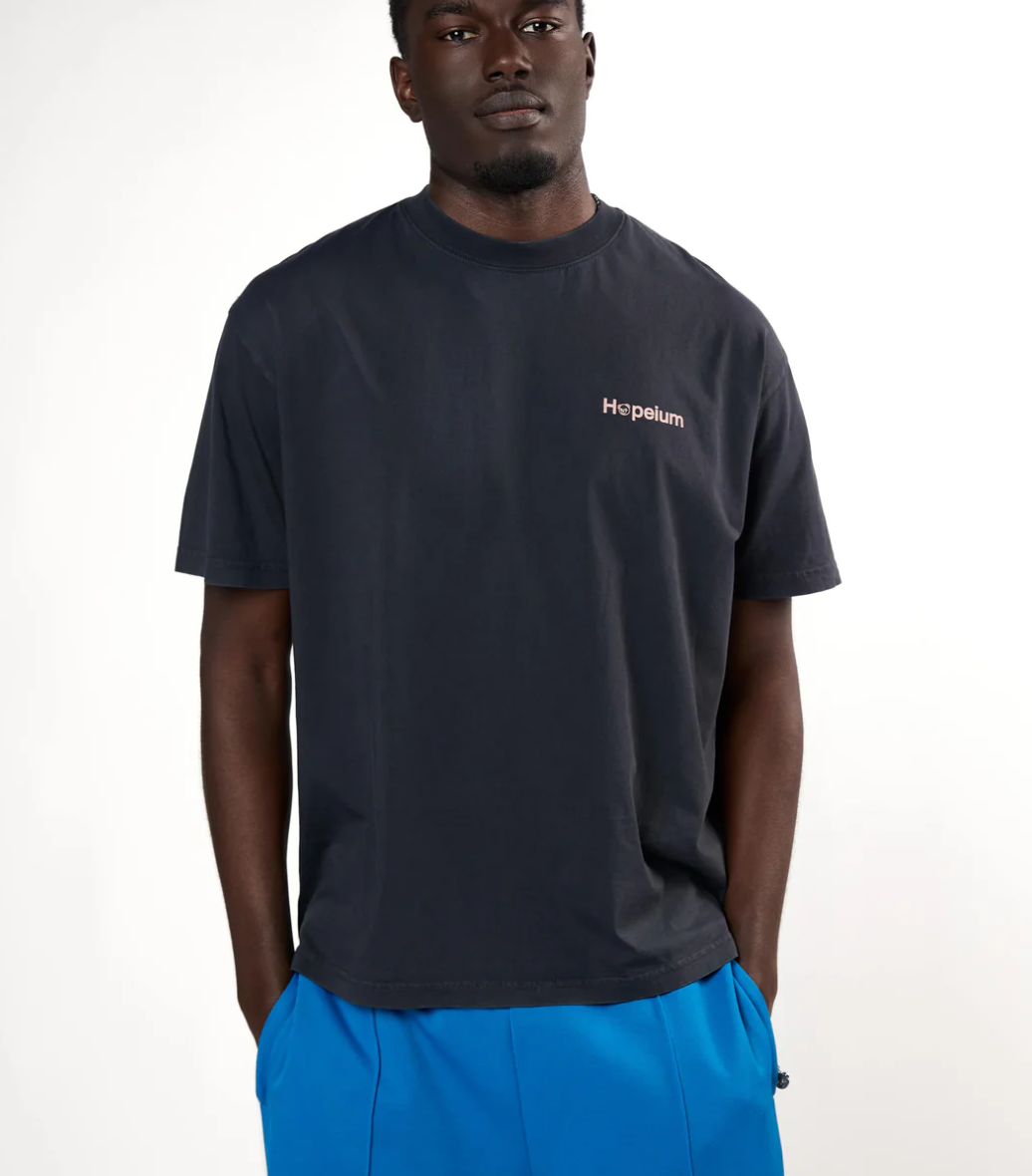 HOPEIUM LOGO T-shirt in washed black with multi-colour logo print and regular fit.