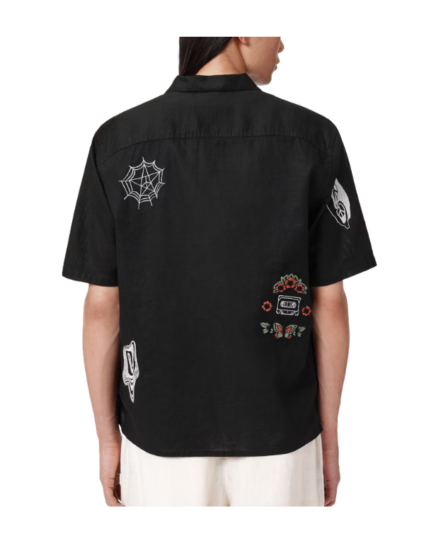 AllSaints KARLTON Embroidered Boxy Shirt in jet black with resort collar, chest pocket, and relaxed boxy fit.