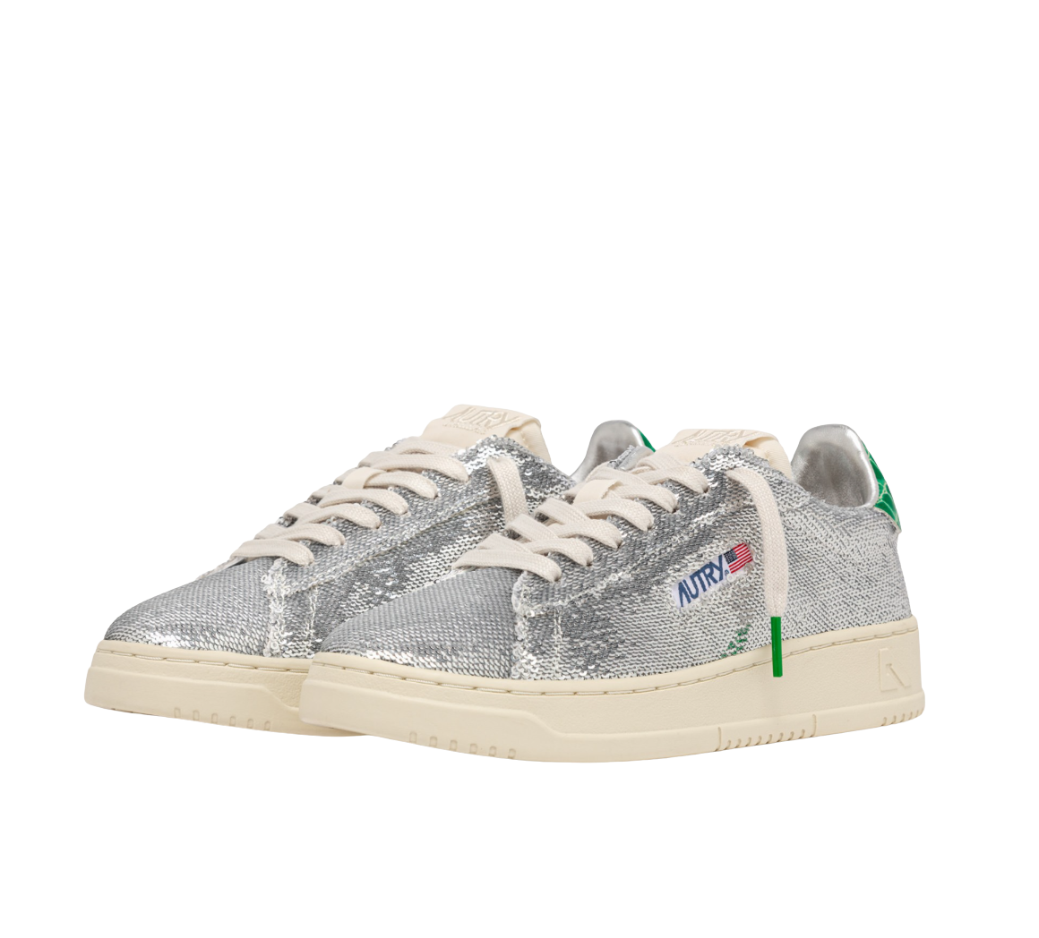 Autry Women’s Dallas Low Sparkling Sneakers in Silver and Green, Sequined Low-Top Shoes, Style ADLWTI01