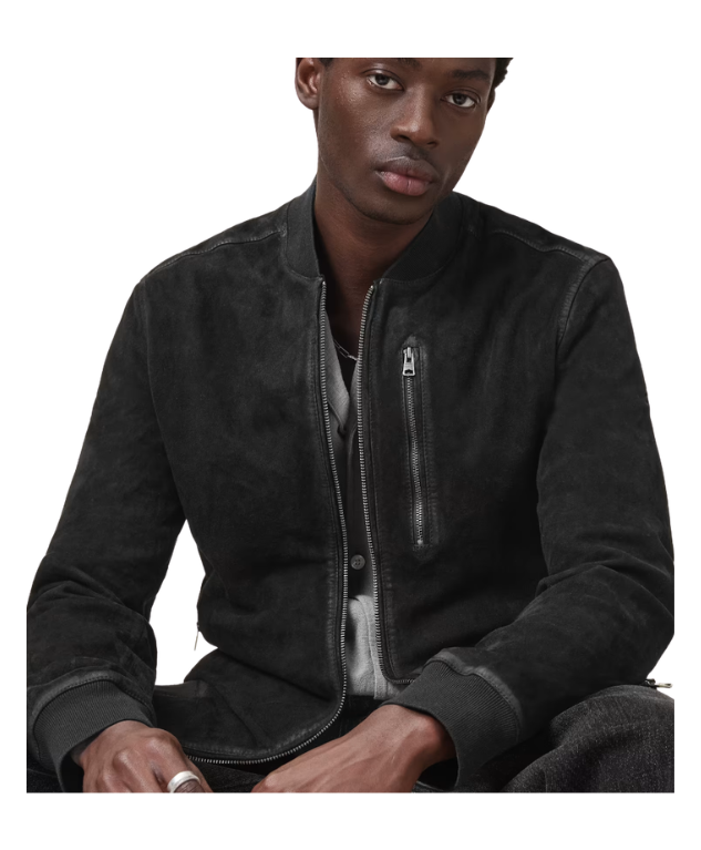 AllSaints KEMBLE Suede Bomber Jacket in black with zip closure, ribbed trims, chest pocket, and recycled lining.