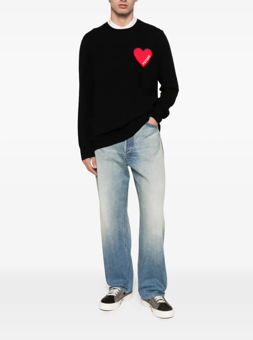 FROM FUTURE men's Heart Cashmere Sweater in Black, crafted from 100% pure cashmere with a distinctive heart motif and ribbed trims.