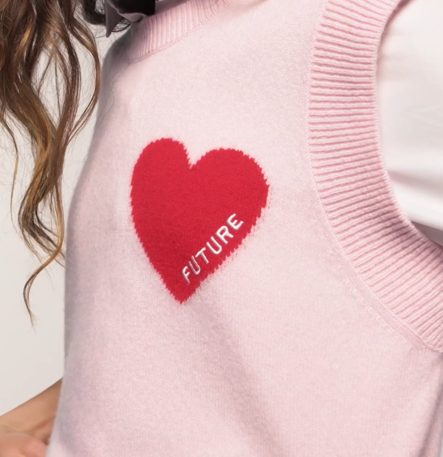 Cropped sleeveless cashmere sweater by From Future with heart intarsia, oversized fit, and GCS-certified knit for soft luxury style.