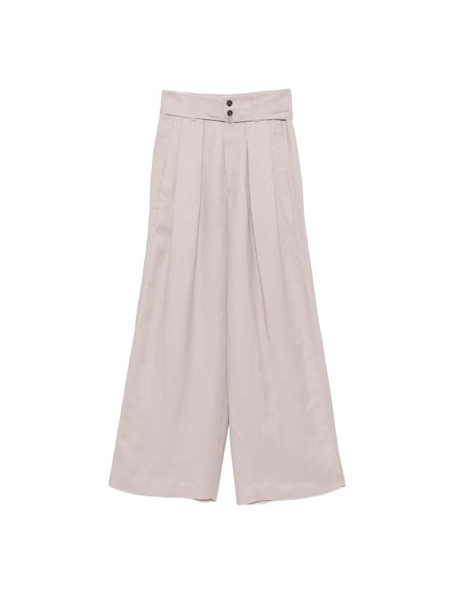 Tela lilac wide-leg trousers with pleated details, belted waist, and twill weave finish.