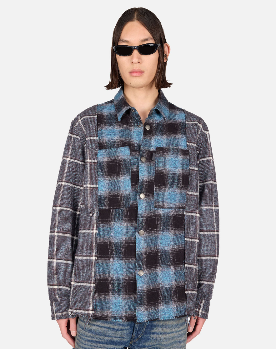Haikure ARNO Double Check Shirt for men in Black and Blue, crafted from cotton with contrasting checks and a relaxed fit. Made in Italy.