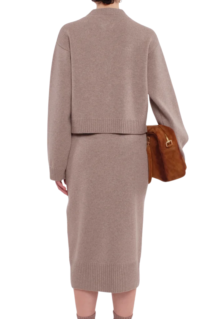 Tela women’s beige midi skirt with carded wool fabric, front slit, and elasticated waist