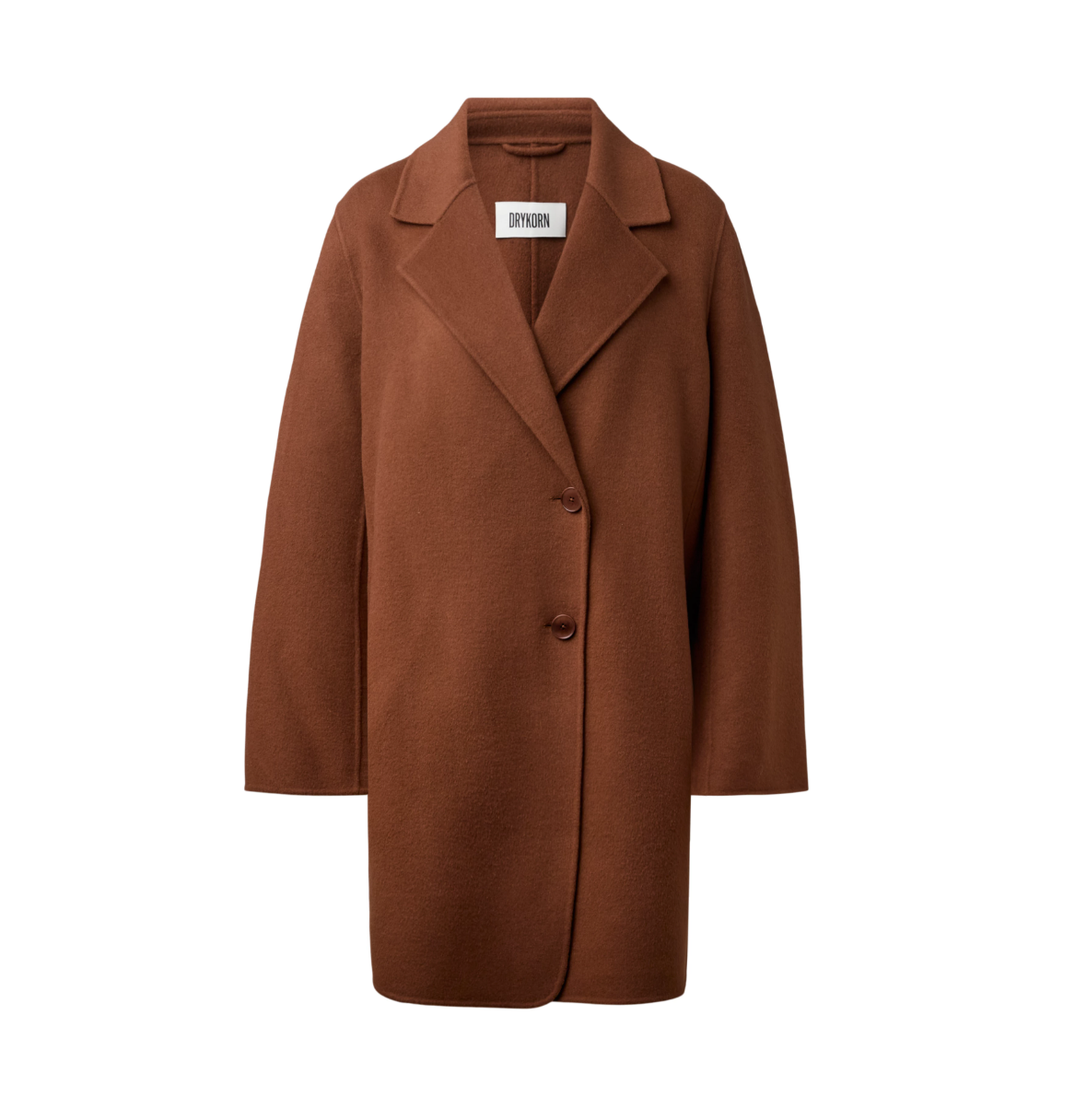 Drykorn RYTON Coat for women in Chocolate Fondant, crafted from a soft doubleface wool blend with a relaxed fit and elegant lapel.